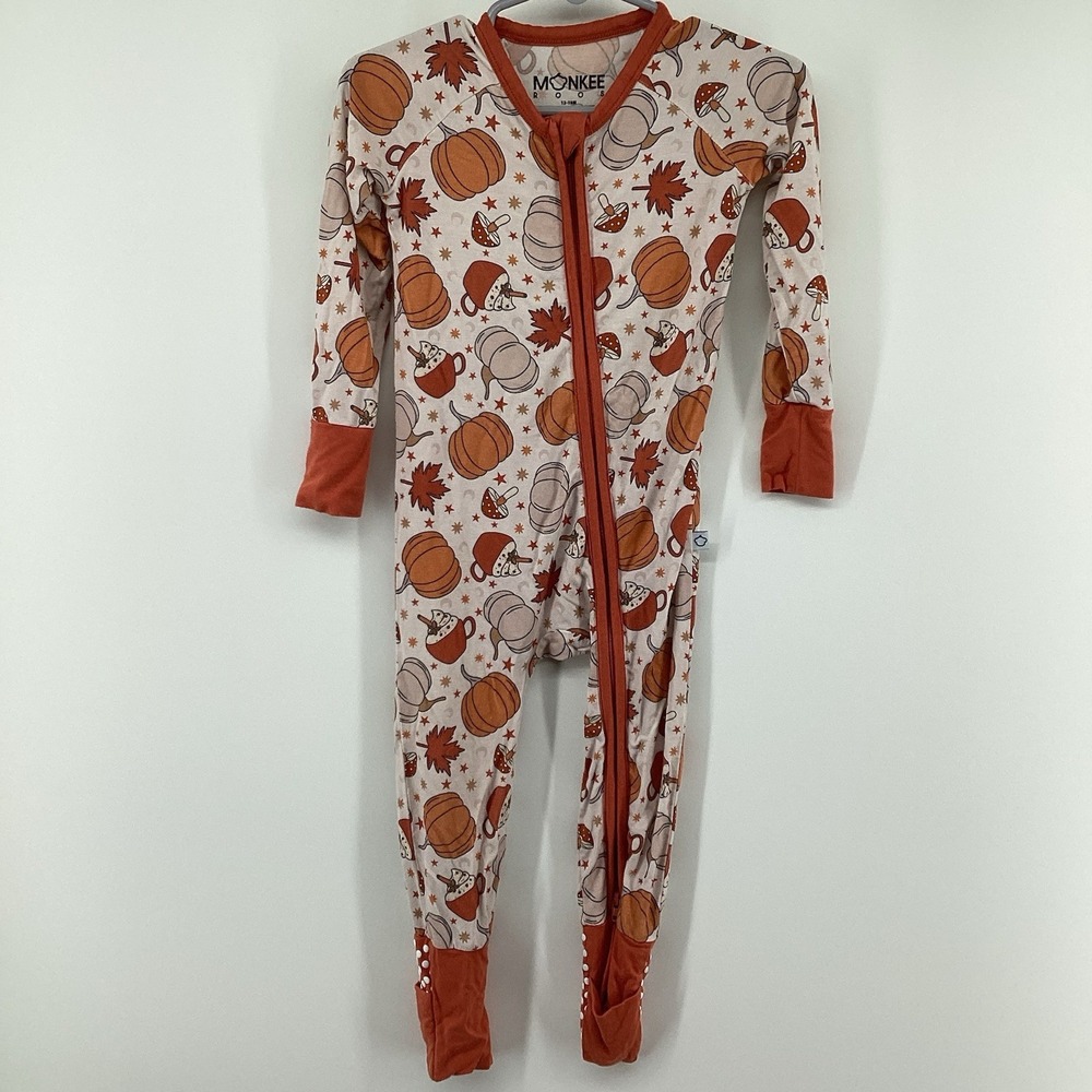 Monkee Roos Pumpkin Fall Leaves Print Bamboo Pajamas Size 12-18 Months